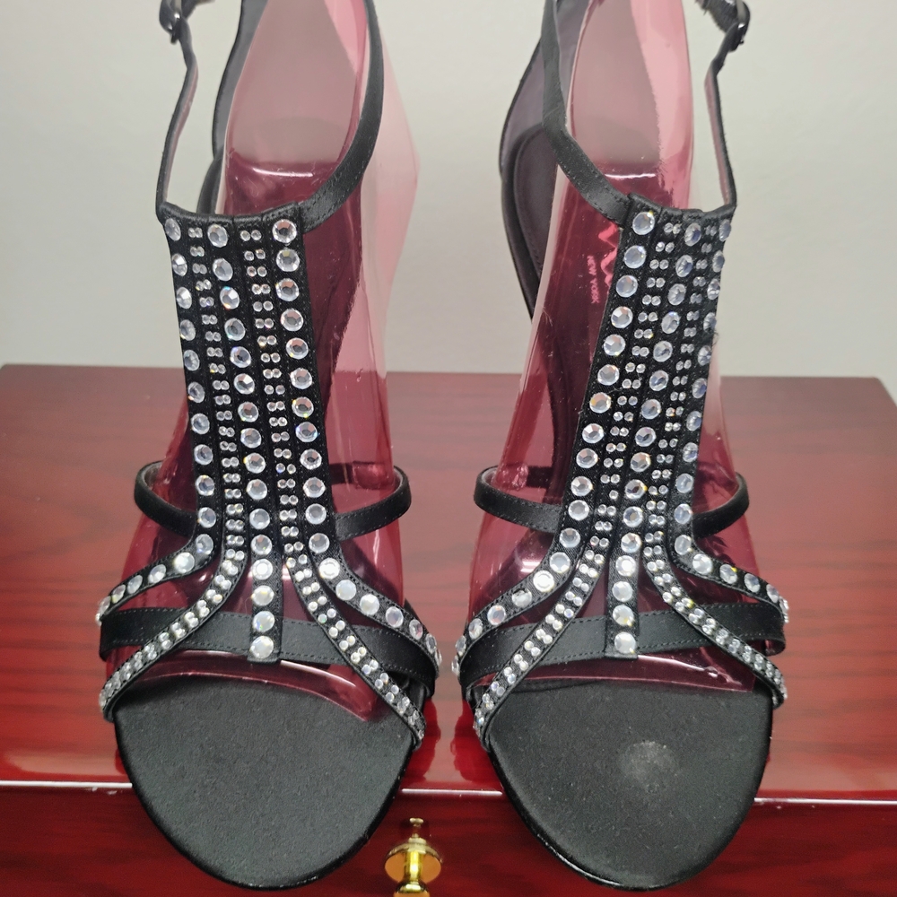 Nina Black Strappy Rhinestone Heels